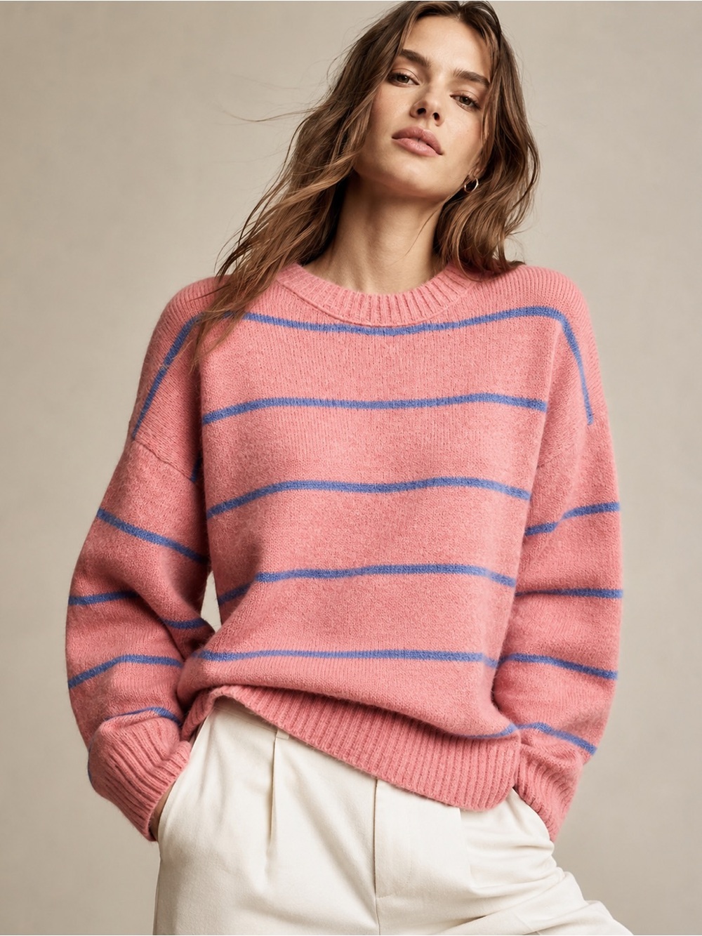 J.Crew Alpaca Merino Wool Striped Crewneck Sweater Pink Blue M